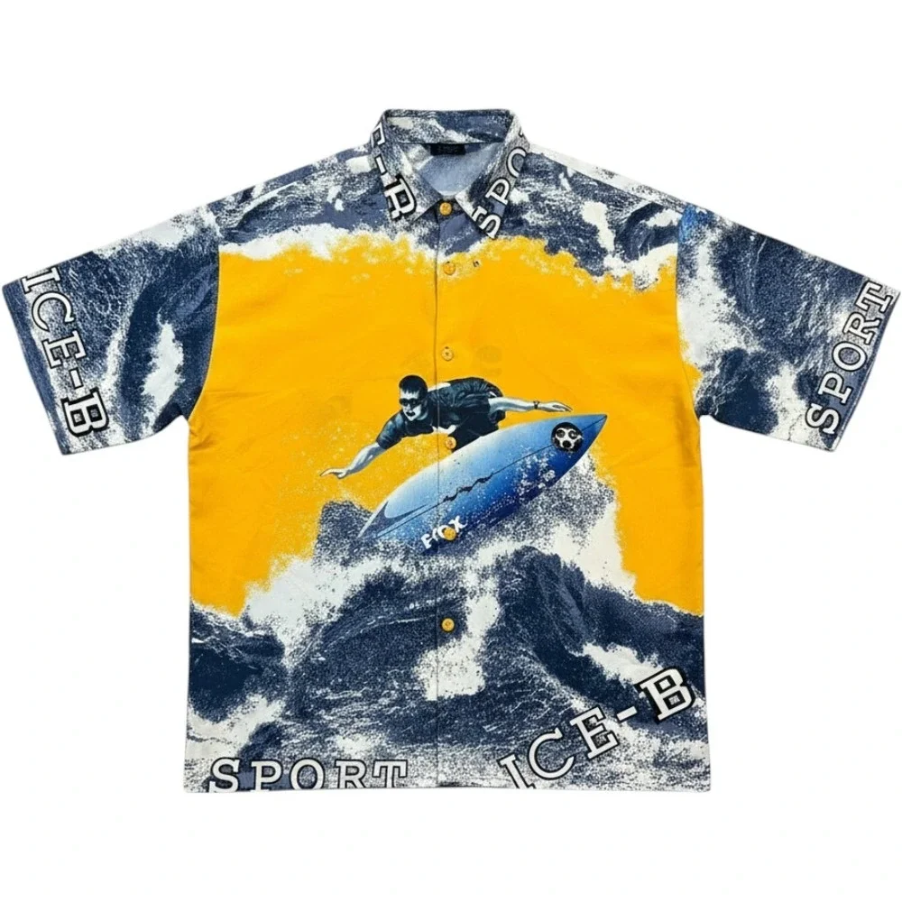 Ice Collection Button Up Shirt XXL Yellow Blue Vintage 90s Surfer Graphic Sport